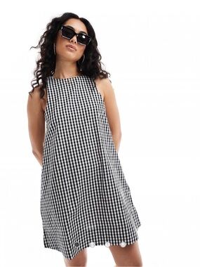 NWT ASOS Design High Neck Swing Mini Linen Sundress in Mono Gingham | size 14
